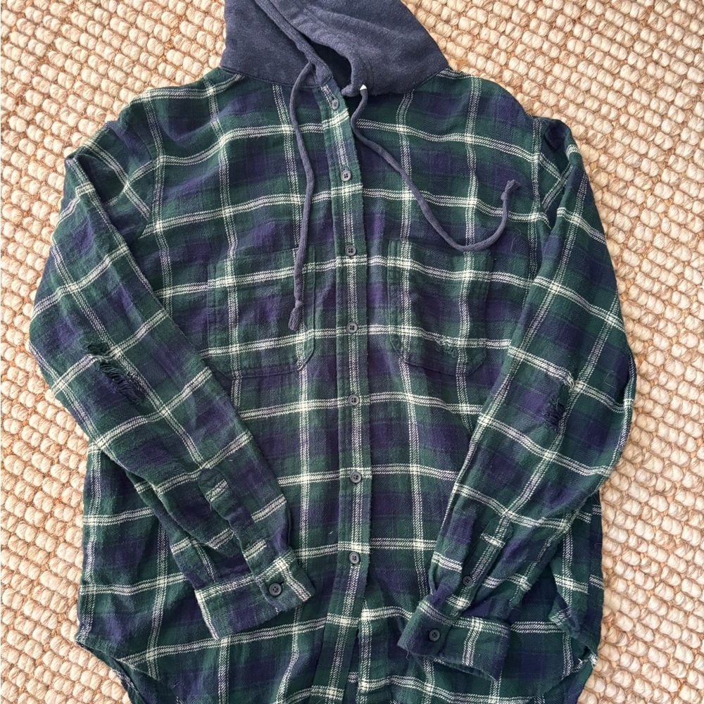 American Eagle Outfitters Navy and Forest Plaid Hoodie